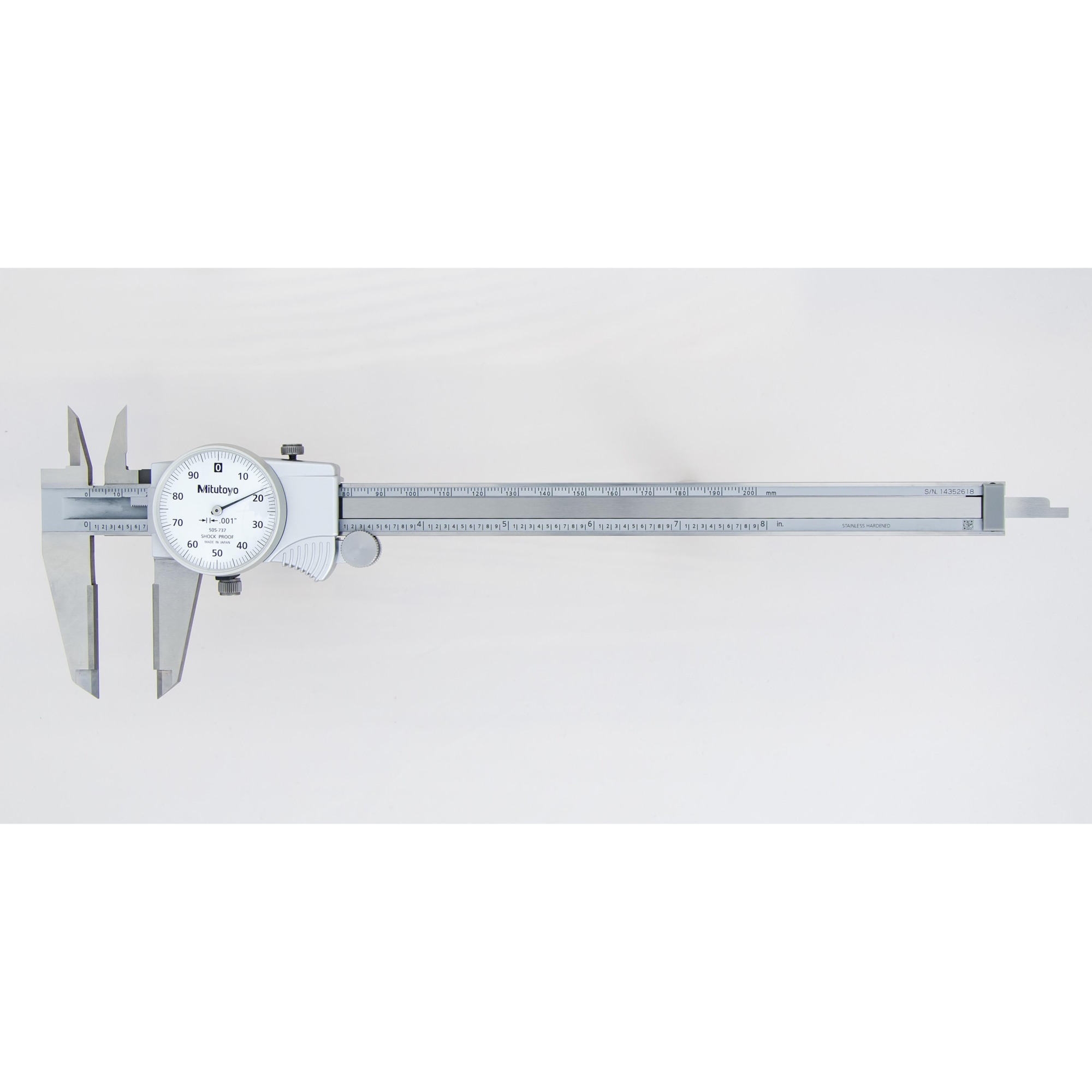 Mitutoyo Dial Caliper - 0-8in., .001in. Accuracy, .1in./Rev, Carbide OD Jaws, Model# 505-737